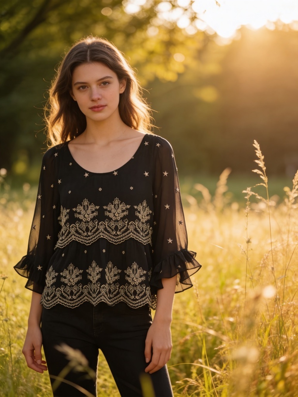 American Eagle Outfitters Black Blouse with Gold Embroidered Motifs